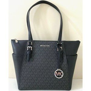New Michael Kors Charlotte Large Shoulder Tote Signature Coated Canvas Black